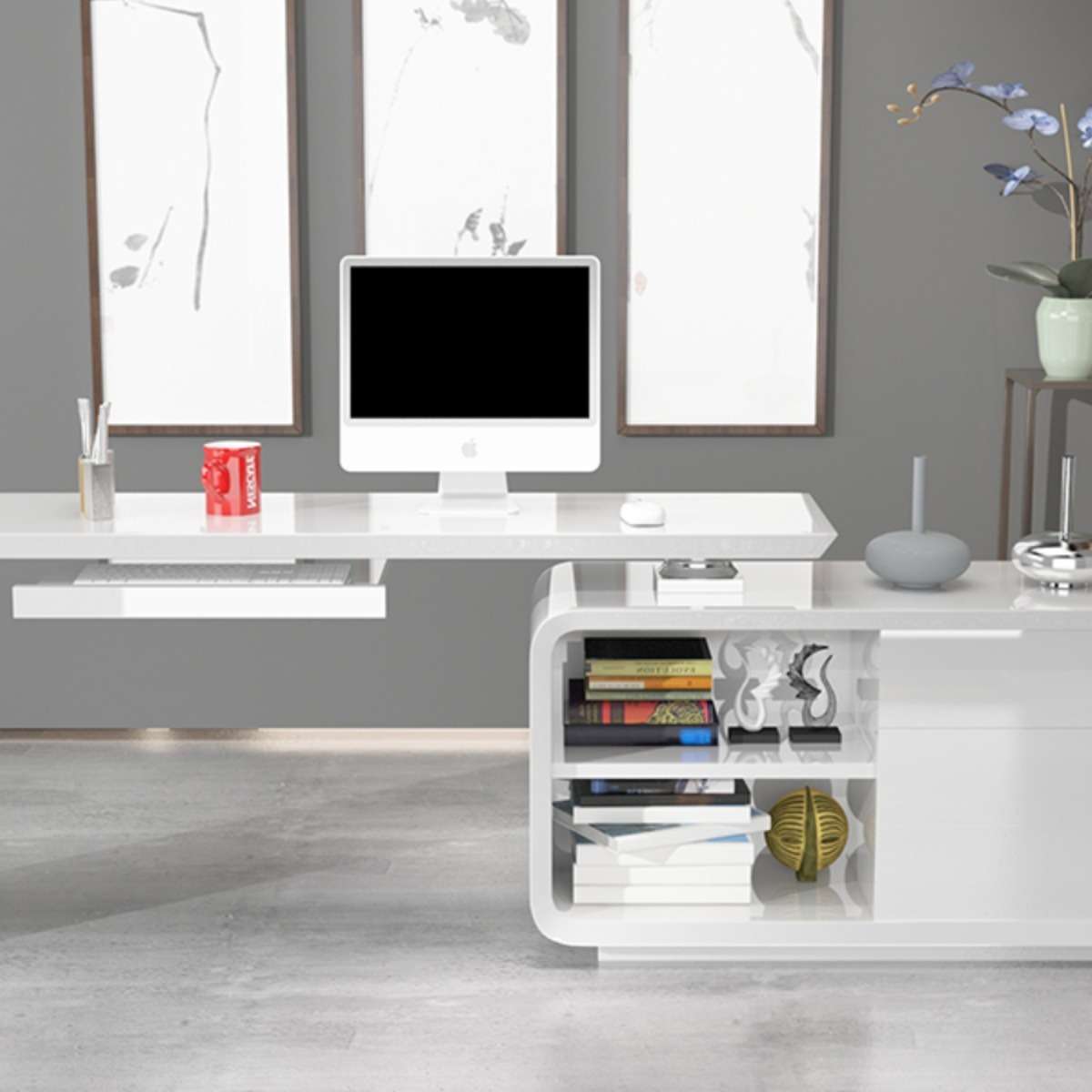 电脑桌台式家用现代简约旋转转角白色烤漆书桌书架书柜办公桌组合