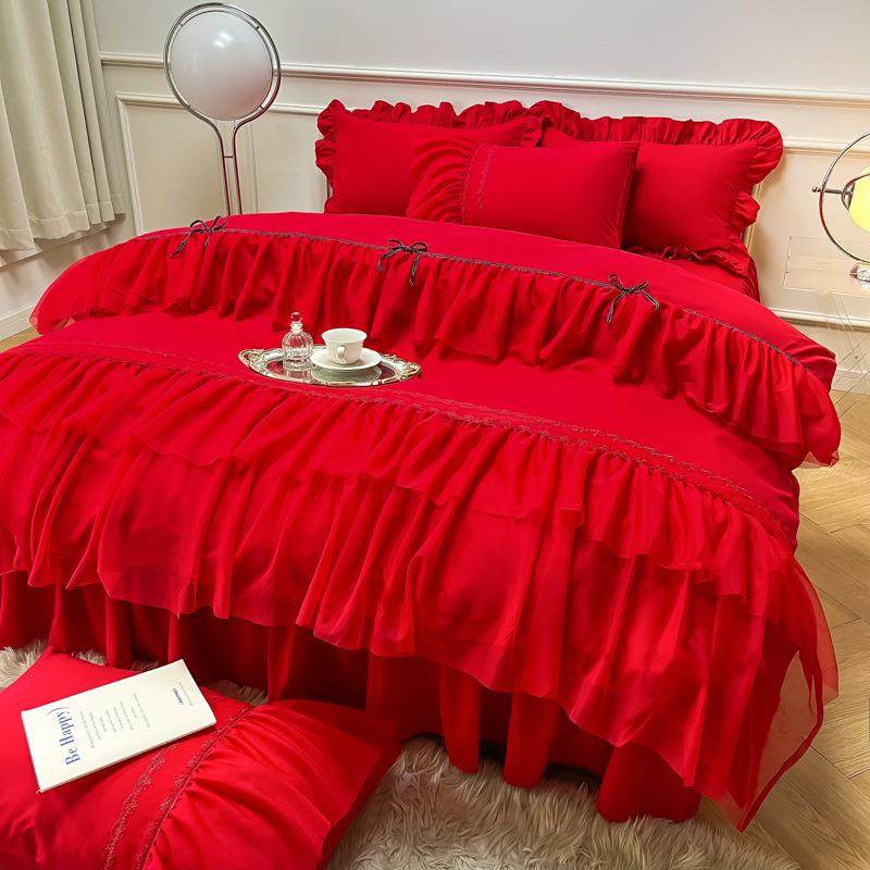婚庆网纱蕾丝花边蝴蝶结韩式公主风床单四件套红色床裙被套批