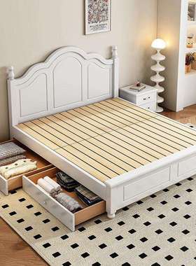 Y*J实木床现代简约双人床1.8米欧式白色床架1.2m出租房用1米5单人