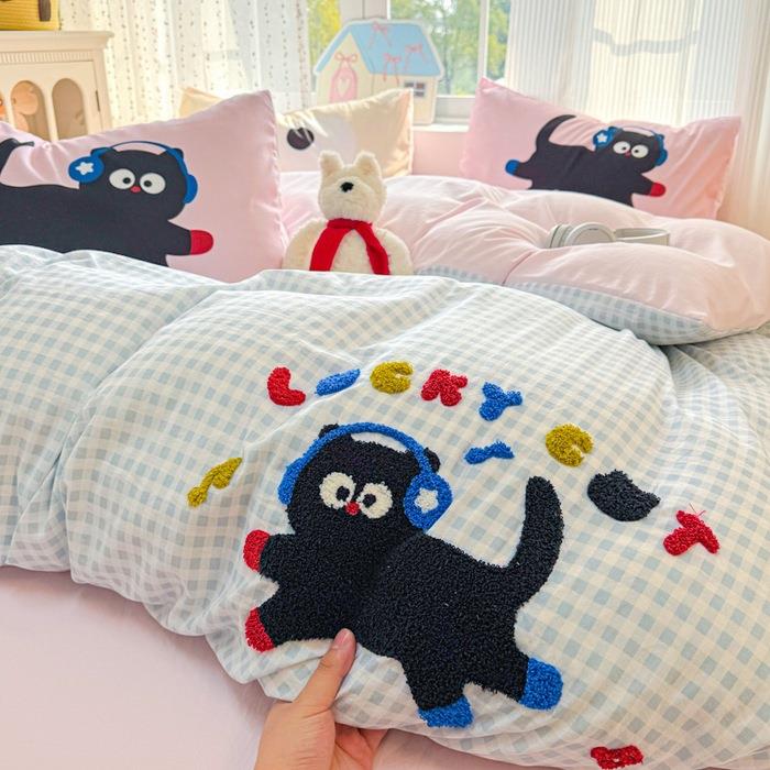 可爱毛巾绣床单四件套卡通被套学生宿舍被罩三件纯色床上用品床笠