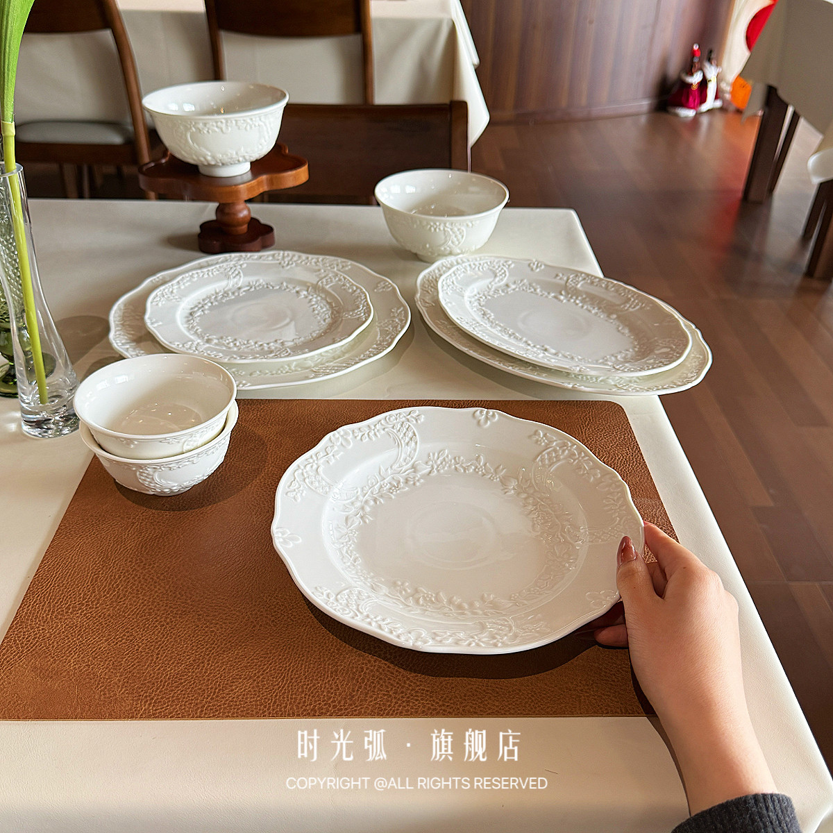 时光弧 欧式浮雕纯白米饭碗 家用汤碗深盘鱼盘高颜值陶瓷餐具套装