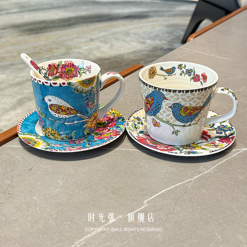 花鸟陶瓷咖啡杯碟套装含勺
