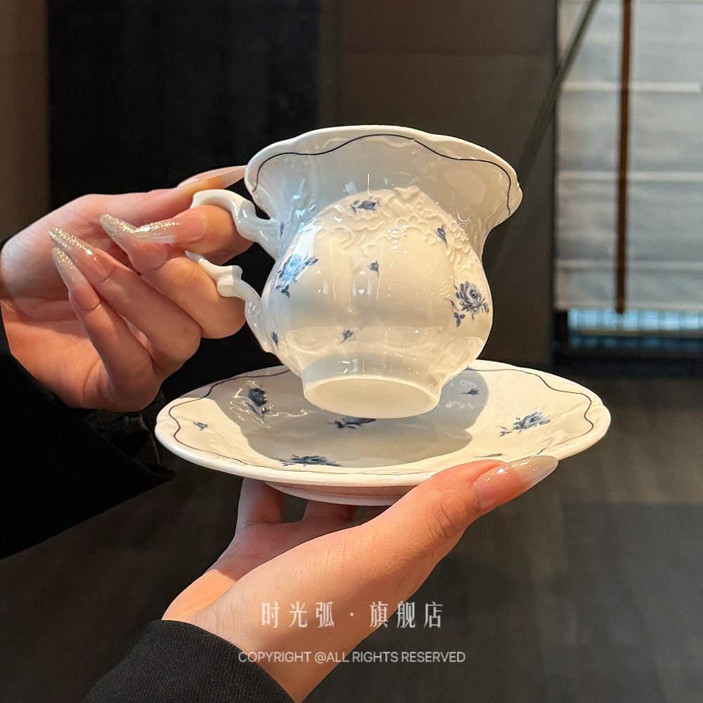 法式复古蓝玫瑰陶瓷高颜值咖啡杯碟拿铁拉花杯子下午茶