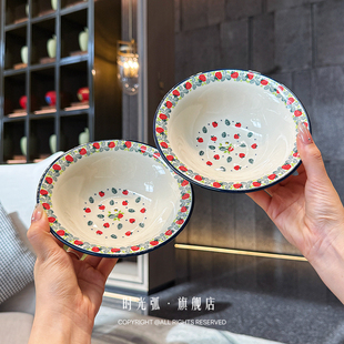 可爱波兰碗Boleslawiec·颜值手绘陶器野草莓大碗早餐碗圆盘深盘