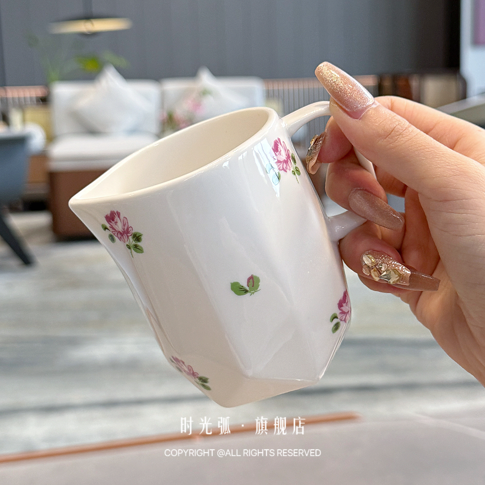 法式复古玫瑰花枝陶瓷马克杯