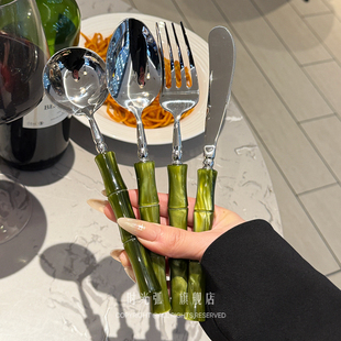 橄榄绿竹节刀叉勺西餐餐具套装 意大利 高颜值家用304不锈钢牛排刀