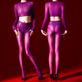 5D超薄透明油亮分体式连体衣丝滑辣妹女连裤丝袜长袖短衣套装