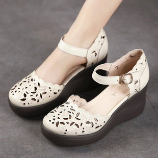 民族风包头凉鞋2026夏季新款复古松糕厚底坡跟镂空妈妈鞋真皮女鞋