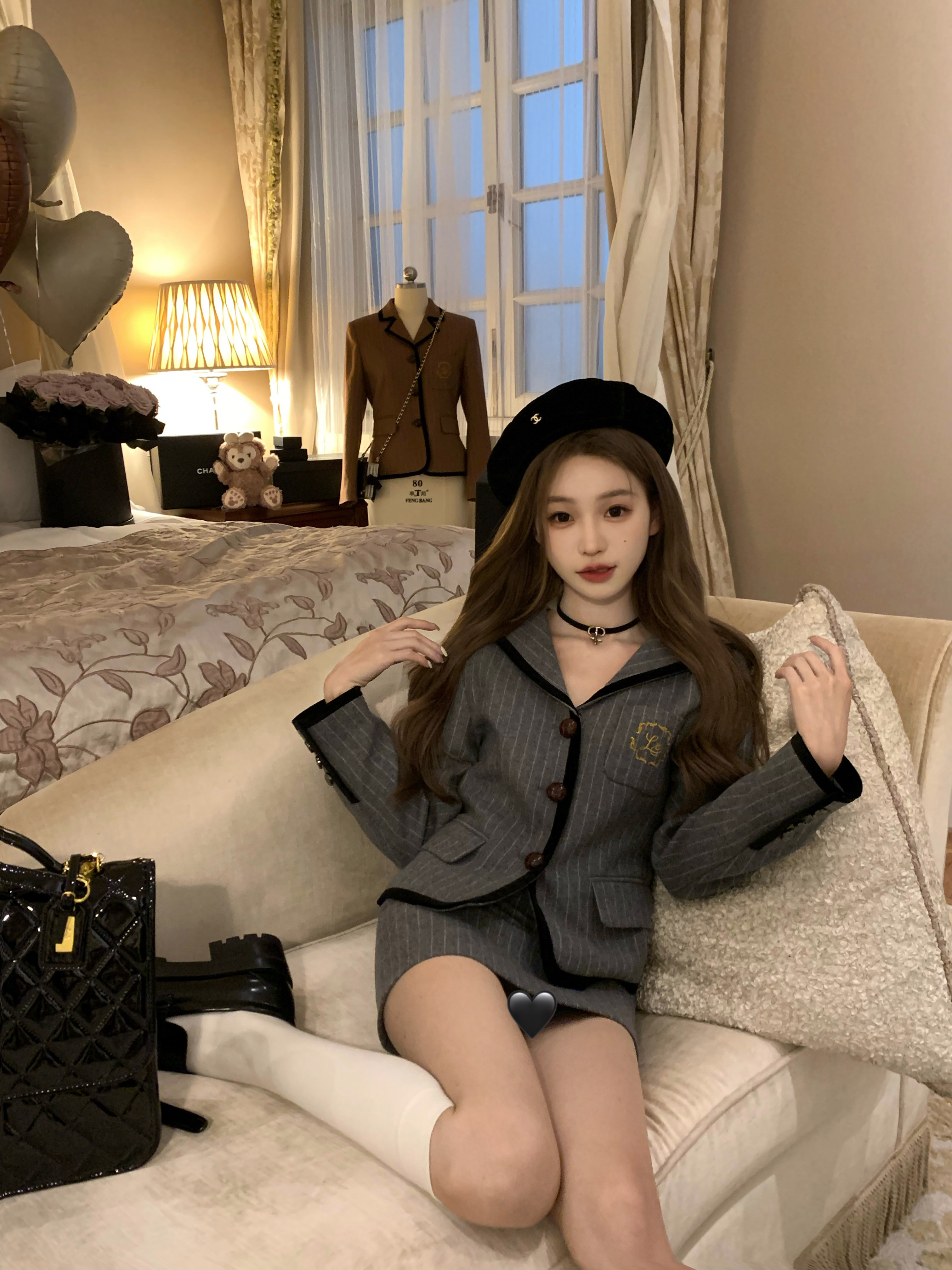 COOLLINE林子熙 少女情节 刺绣学院风海军领羊毛西装套装女秋季