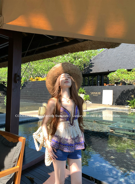 COOLLINE林子熙 夏娃 绝美zim定位印花度假风气质小吊带牛仔短裤