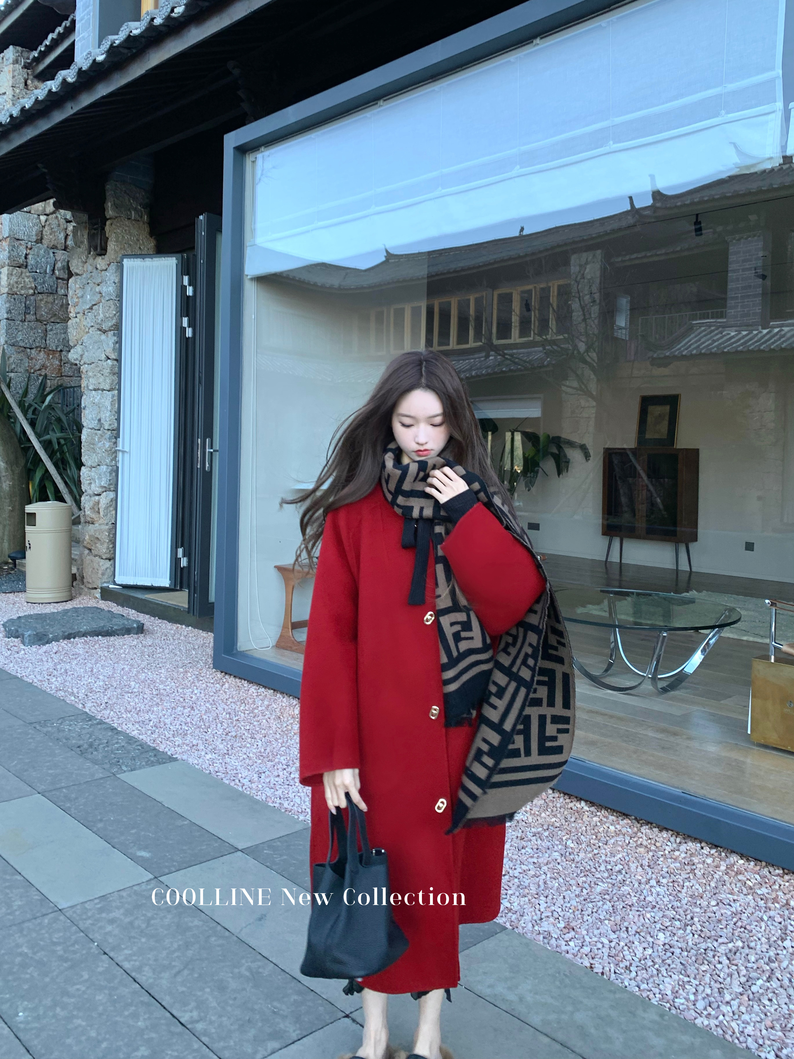 COOLLINE林子熙 红豆生南国 节日氛围感洋气金扣羊毛双面呢大衣女