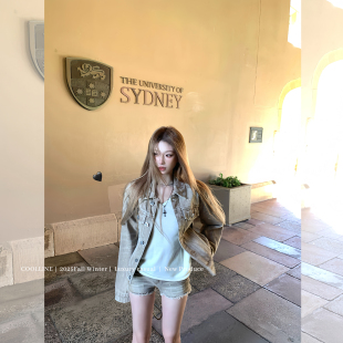 COOLLINE林子熙 澳区学妹 美式做旧沙漠色重工牛仔套装女上衣短裤