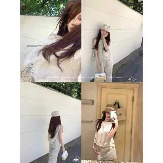 COOLLINE林子熙 夏叙 亚麻法蕾长裤/短裙套装薄款气质休闲两件套