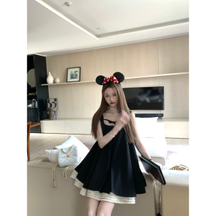 COOLLINE林子熙 重工黑色拼接少女感吊带连衣裙小黑裙女 安妮日记