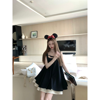 COOLLINE林子熙 安妮日记 重工黑色拼接少女感吊带连衣裙小黑裙女