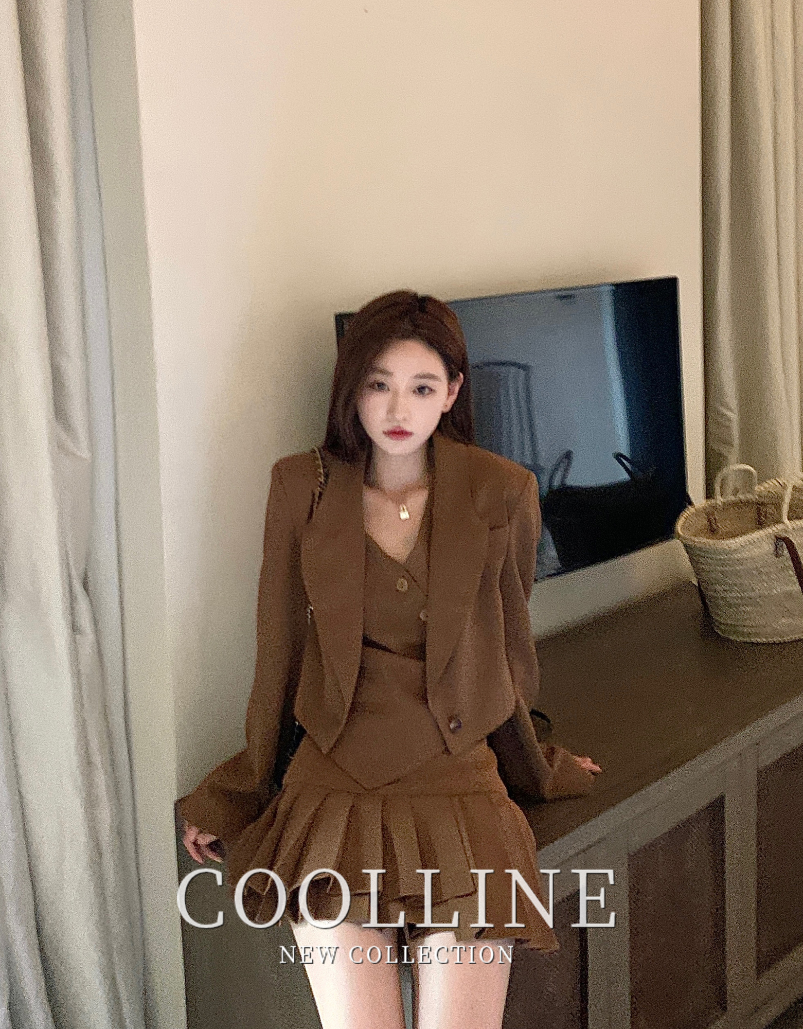 COOLLINE林子熙 焦糖色西装外套女修身马甲百褶短款半身裙套装