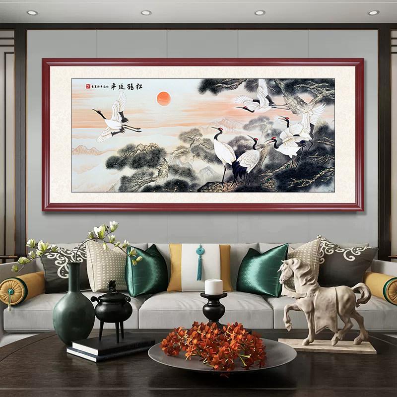新中式松鹤延年山水画客厅沙发背景墙装饰画仙鹤图国画挂画中堂画