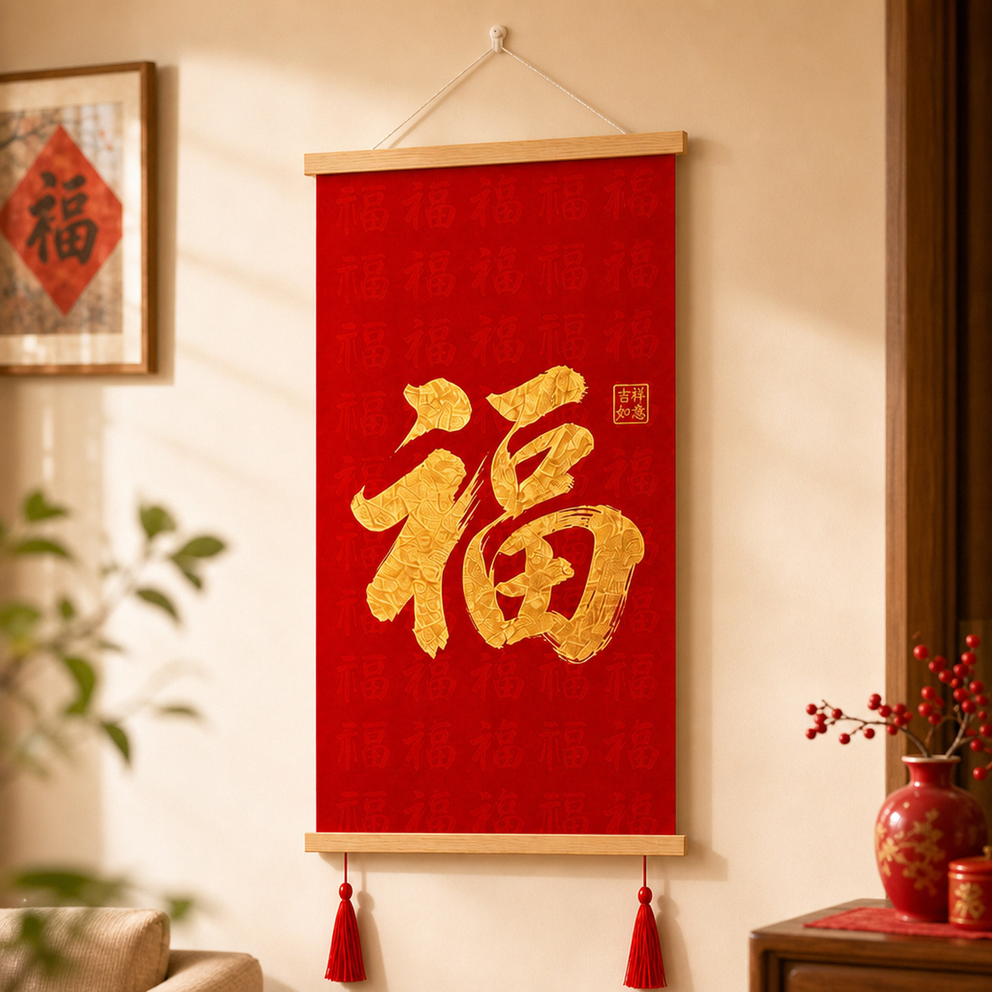 福字红色平安喜庆新中式挂画走廊玄关入户装饰画客厅书房挂轴字画