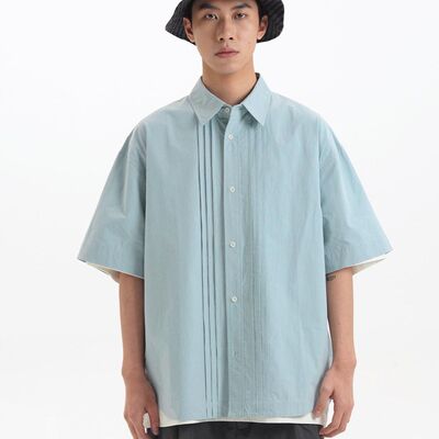 BUTTBILL 24SS通勤复古日系风琴褶皱纯棉短袖衬衫宽松廓形衬衣男