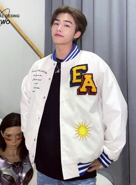 潮牌PU皮棒球服男加厚外套秋冬季