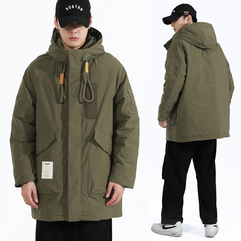 工装羽绒服男士外套中长连帽大衣