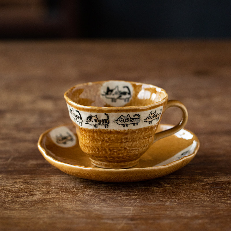 日本进口咖啡杯复古杯子手绘咖啡杯碟套装陶瓷水杯小众设计感茶杯