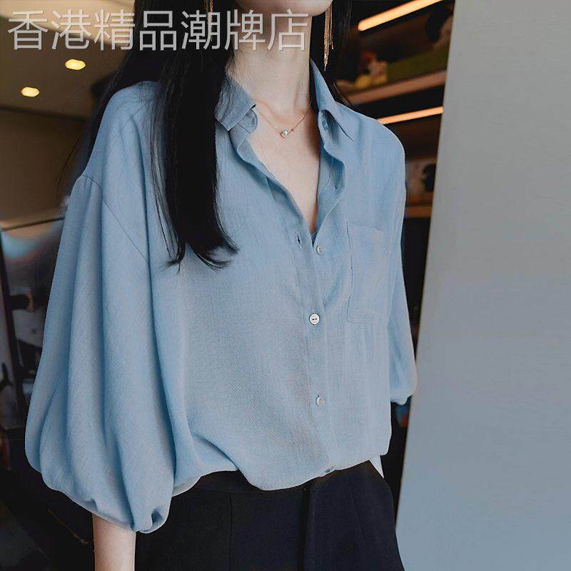 潮牌2026夏季新款韩版五分袖衬衫女雪纺灯笼袖上衣复古宽松衬衫薄