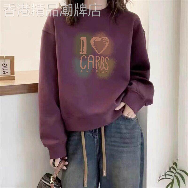 深紫色印花圆领卫衣女2025新款爆款春秋欧货宽松休闲长袖套头上衣