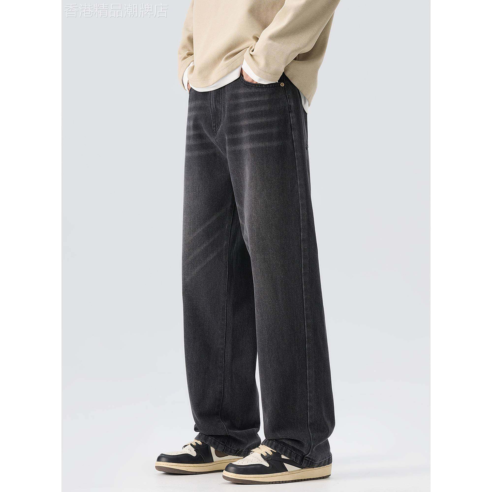 香港潮牌牛仔裤男士秋冬新款加绒加厚裤子美式潮牌男生宽松直筒裤