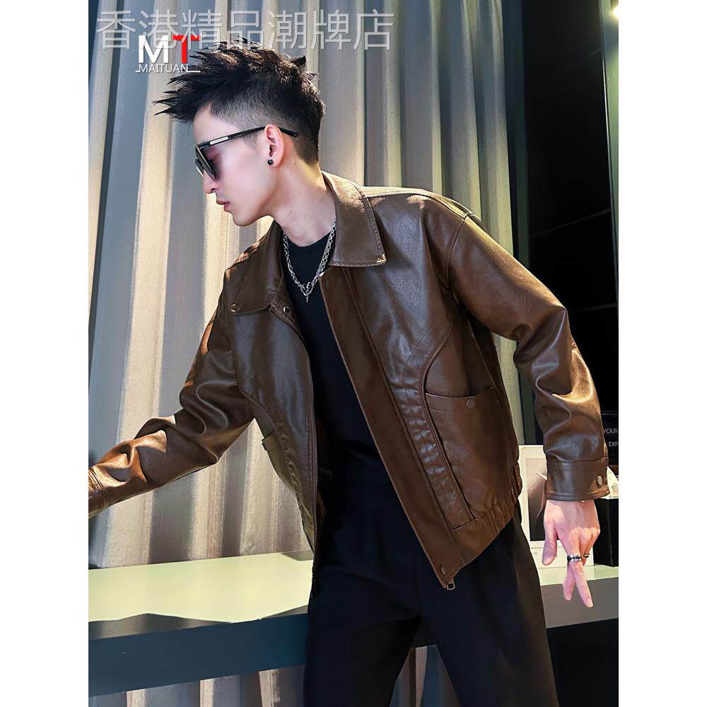 高端覆古皮衣外套男士2025新款春秋冬季加绒老钱风翻领皮夹克男款