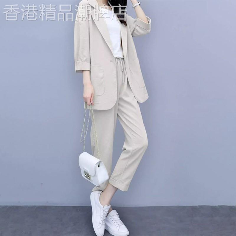 潮牌时尚休闲七分袖西装套装女2026年夏季减龄显瘦棉麻西服两件套