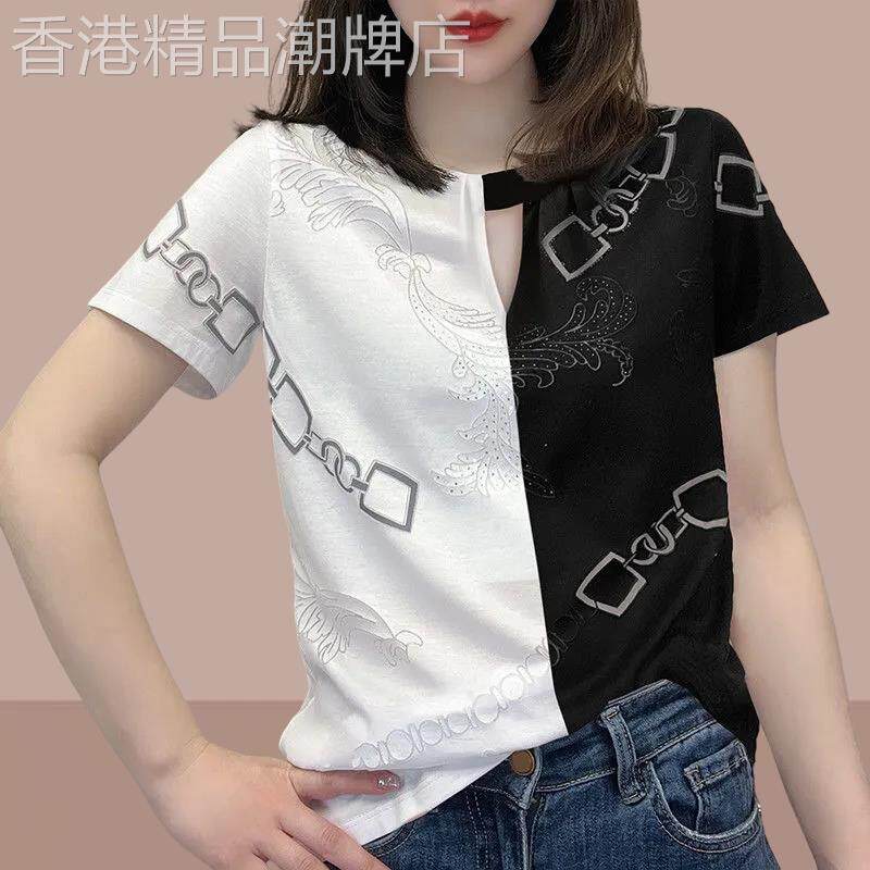 韩国纯棉印花短袖T恤女2025夏季新款休闲 ins圆领拼接设计感上衣