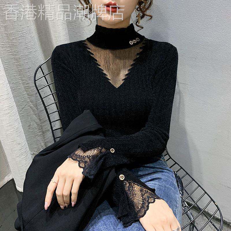 半高领蕾丝打底衫女内搭春秋新款长袖修身薄款洋派毛衣针织上衣女