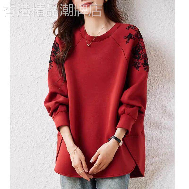 休闲圆领长袖厚棉T女春秋装新款宽松大尺码时尚刺绣内搭外穿红色