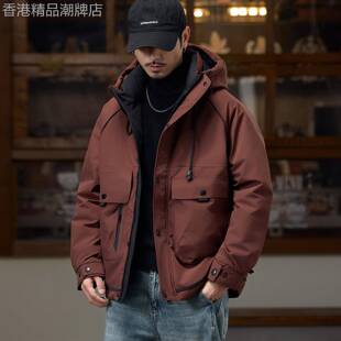 香港美式复古工装羽绒服男士冬季新款宽松大码连帽加厚保暖外套男