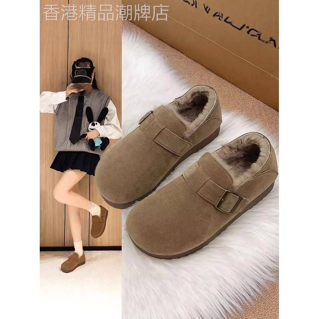 香港厚底防滑全包勃肯鞋秋冬季新款加绒保暖一脚蹬懒人鞋豆豆棉鞋