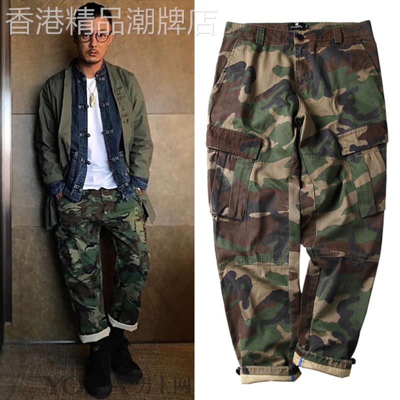 潮牌新款日系余文乐迷彩工装裤男直筒宽松大尺码收口抽绳休闲裤潮