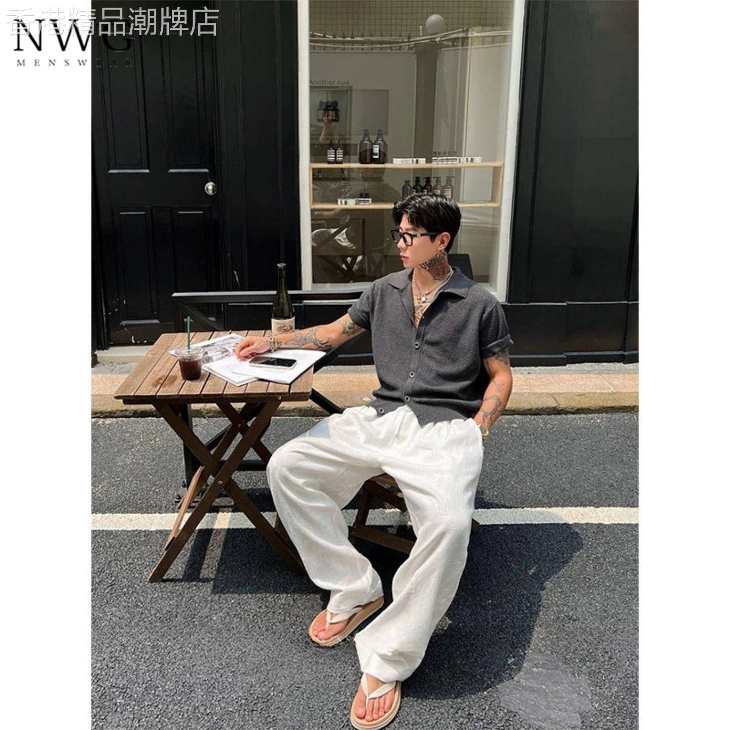 白色亚麻休闲裤男夏季新款老钱风百搭宽松直筒裤子男士薄款阔腿裤
