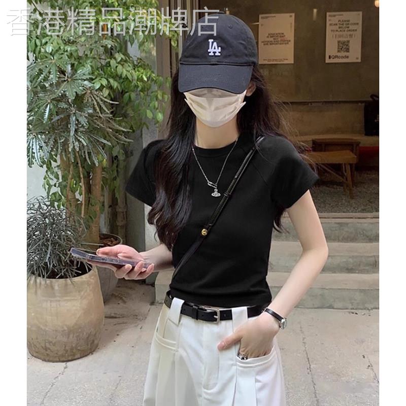 日系黑色圆领正肩短袖t恤女修身辣妹别致漂亮小个子短款上衣夏季