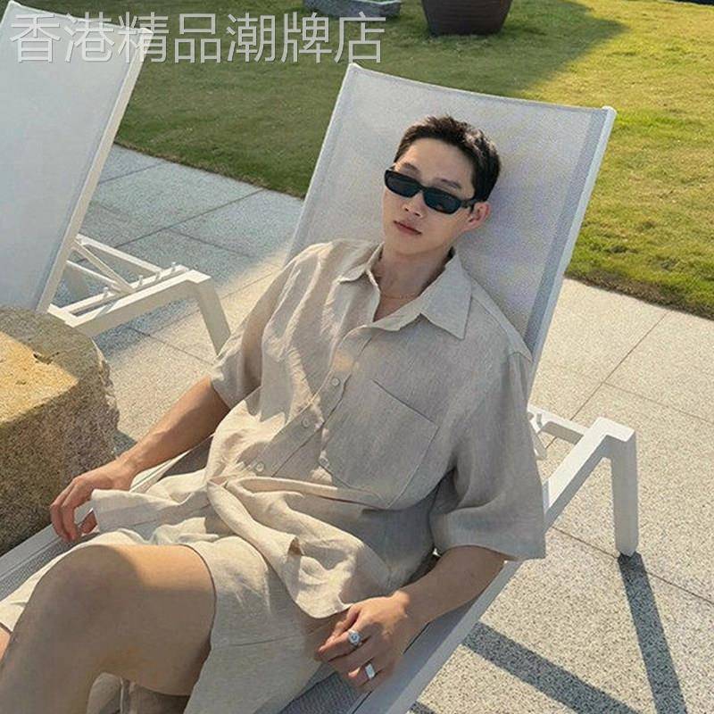GP极简~松弛感度假穿搭套装男士夏季轻薄亚麻衬衫搭配短裤一整套