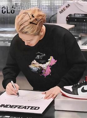 香港CLG潮牌新款美式印花休闲圆领卫衣明星同款潮流重磅黑色上衣