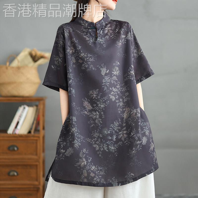 韩国复古新中式盘扣改良旗袍衬衫女夏季中国风印花禅意茶服中长款