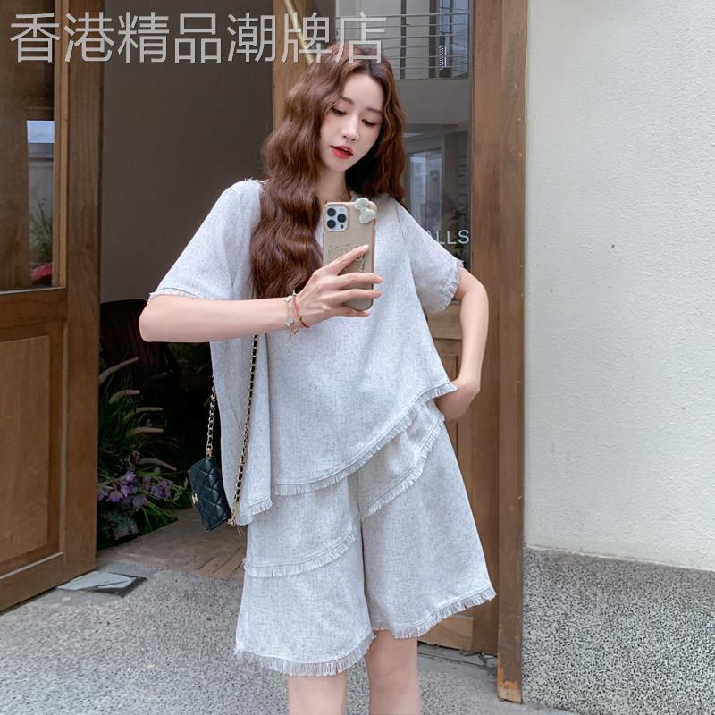 灰色不规则流苏短袖T恤短裤套装女2026夏季韩系休闲慵懒风两件套