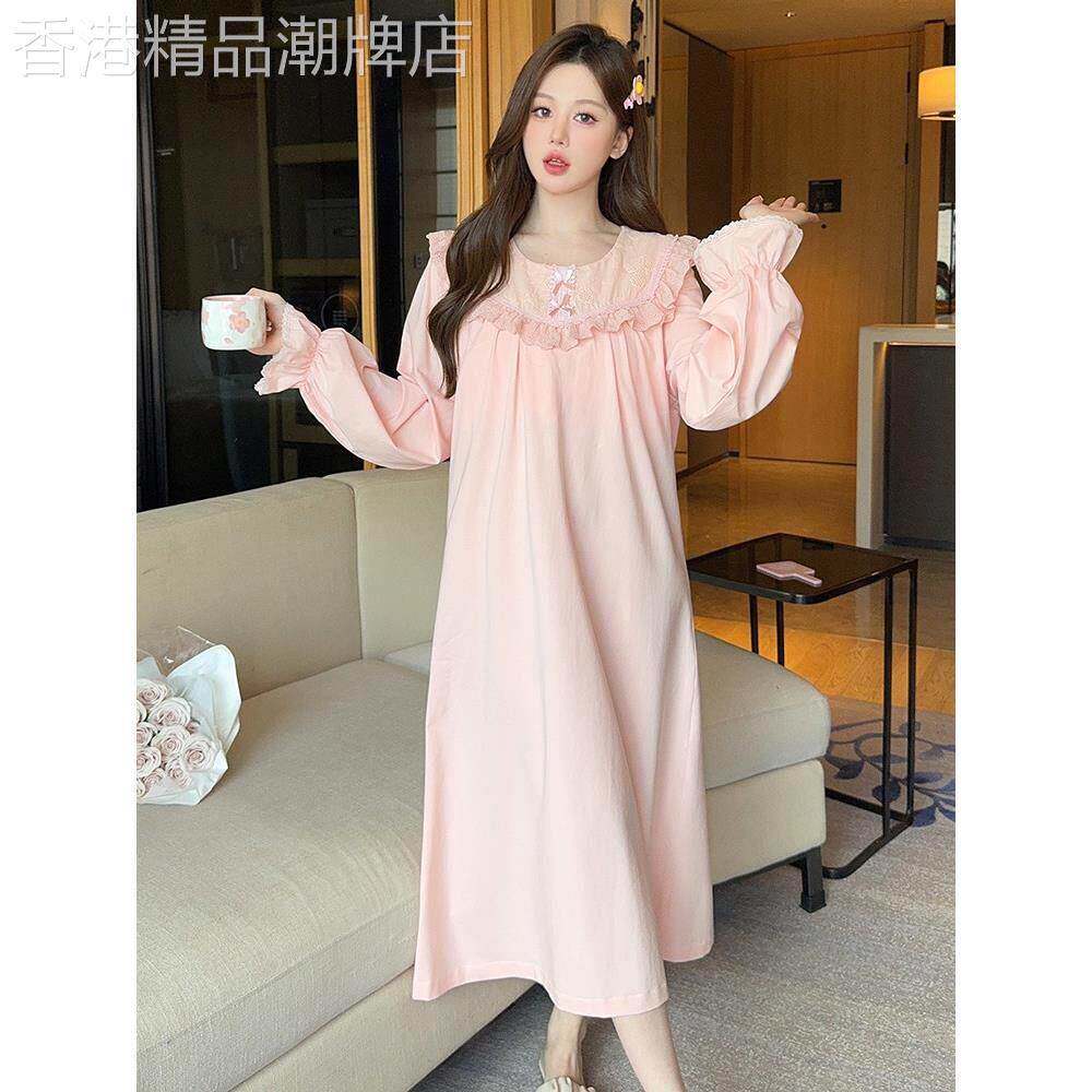 春秋款带胸垫长袖睡衣女款纯棉高级感公主风蕾丝睡裙家居服可外穿