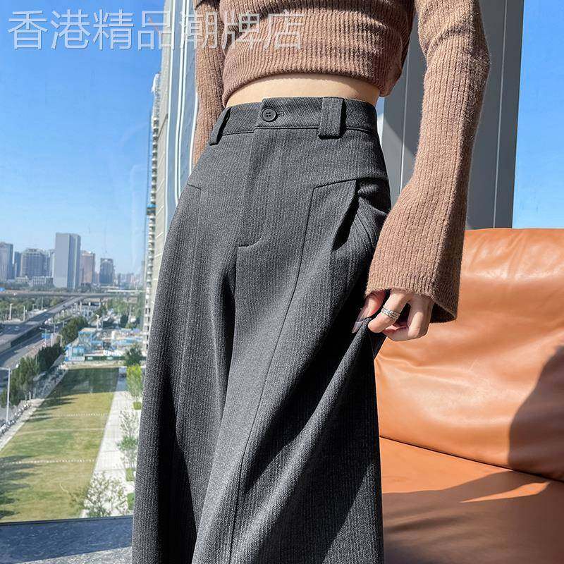 灰色加绒麦穗呢西装阔腿裤女春秋2025新款高腰宽松显瘦休闲直筒裤