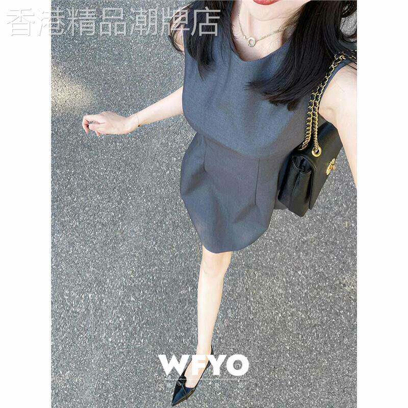 WFYO/高级感灰色无袖背心洋装子女夏小个子礼服裙收腰显瘦短裙