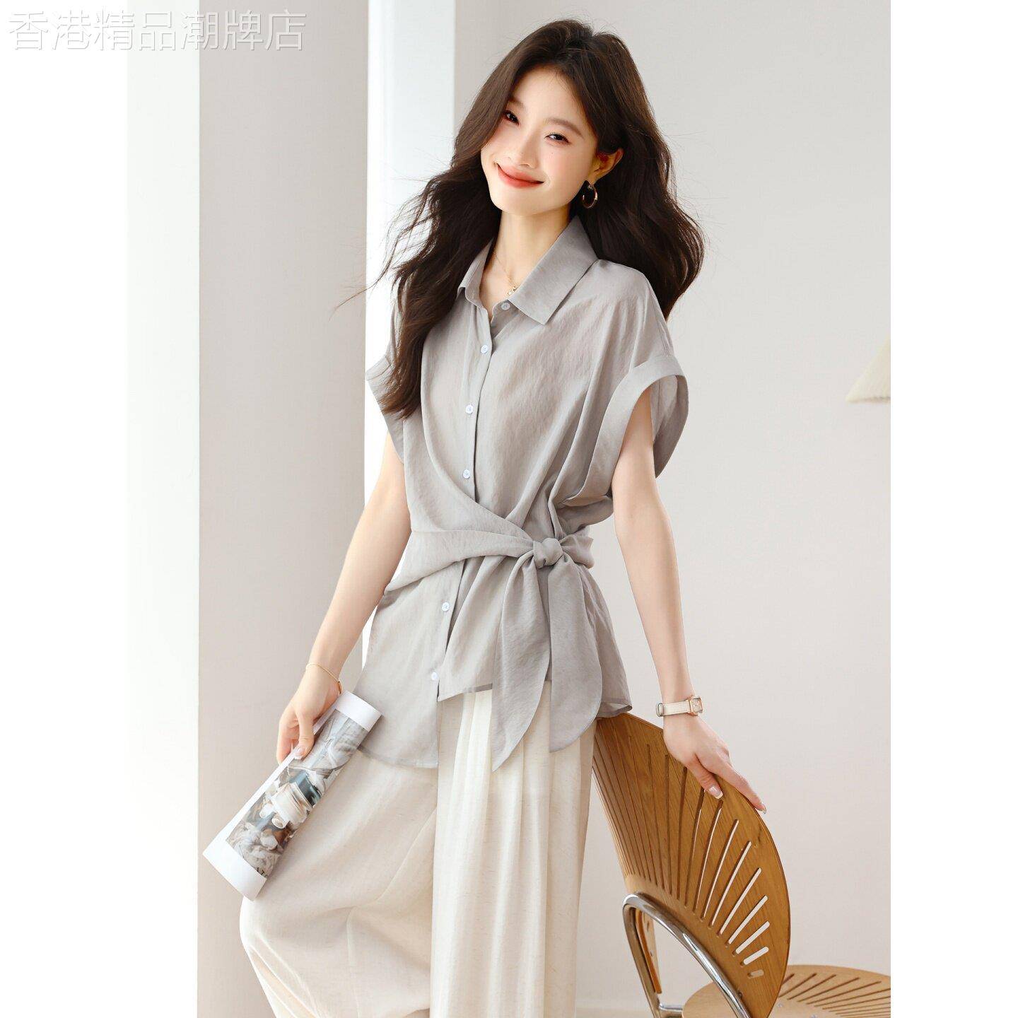 翻领短袖衬衫女夏季2026款洋派百搭系带收腰宽松遮肉显瘦防晒上衣