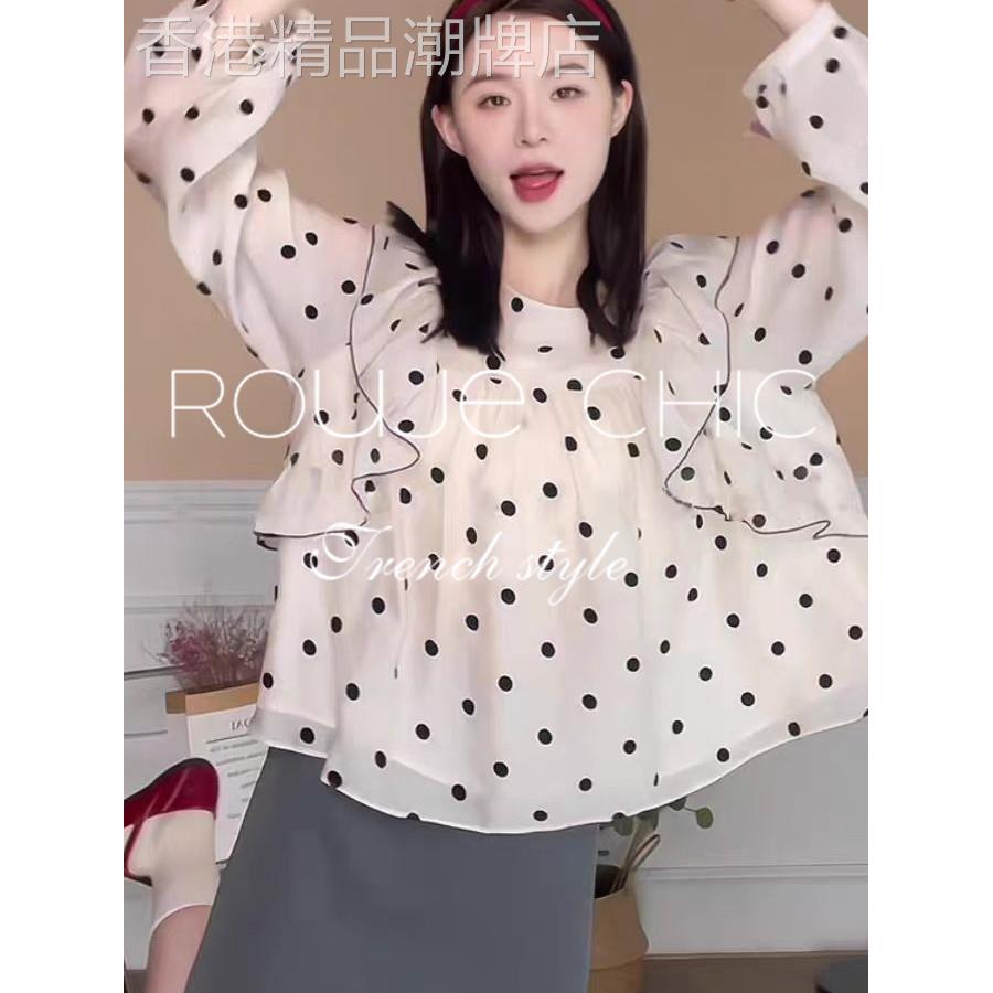 法国rouje chic秋季法式荷叶边波点薄款雪纺衬衫减龄甜美小衫女薄
