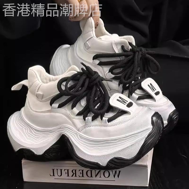 香港真皮做旧老爹鞋女2026新款高筒系带松糕厚底增高休闲运动鞋潮