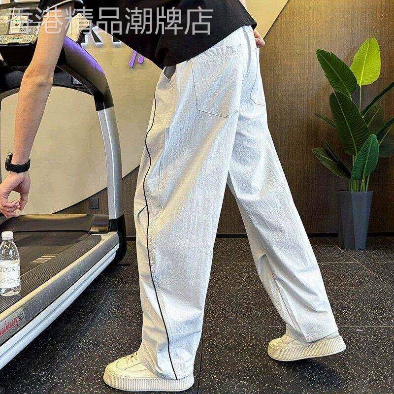 休闲裤男夏季2026新款美式潮牌宽松痞帅抽绳直筒裤褶皱拼接运动裤
